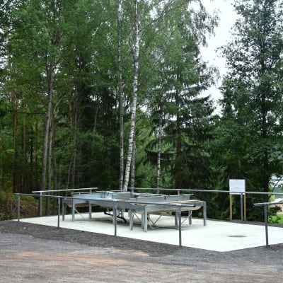 Modern mattvätt på betongplatta invid skog med badstrand i bakgrunden.