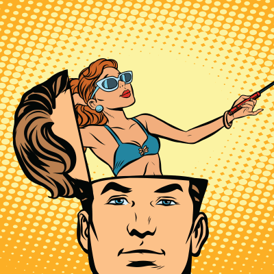tecknad bild där en mans huvud är öppnat som ett lock och i huvudet står en ung kvinna som har en selfiepinne i handen och tar en selfie på sig själv.