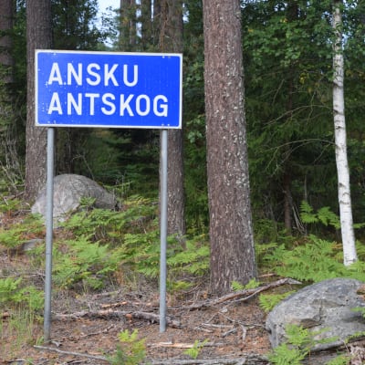 En blåvit trafikskylt längd en vägkant. Det står Ansku Antskog på den.