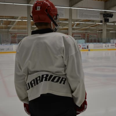 ishockeyspelare fotograferad bakifrån.