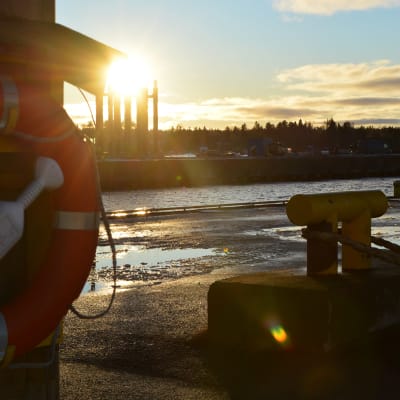 Decembersolen lyser i Vasa hamn. I förgrunden syns en livboj och ett par gula hamnpollare.