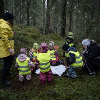 Karhulan lapset leikkivät metsässä.