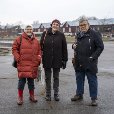 Två kvinnor och en man som står vid en kajkant.