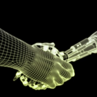 en illustration av en människohand som skakar hand med en robothand.