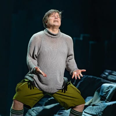 Siegfried-oopperan näyttämöllä tenori Daniel Brenna eläytyy rooliinsa levittäen kämmenet ylöspäin ja katsoen ylöspäin.