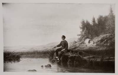 Johan Ludvig Runeberg metar vid strand. Fotografi av signerad oljemålning av Johan Knutson.