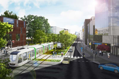 Visionsbild över spårvagn på Sölvegatan i Lund.