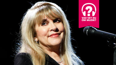 Stevie Nicks ler vid en mikrofon.
