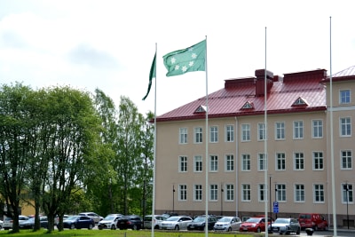 Flaggor framför stor stenbyggnad. Flaggorna gröna med vapen i form av vitsippor på. Träd och bilar vid byggnaden.