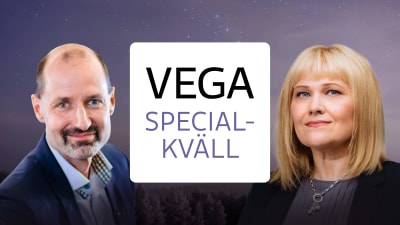 Jonas Jungar och Johanna Törn-Mangs. En vit ruta med texten "Vega specialkväll" i mitten. Bildmontage.