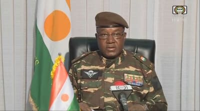 Nigers nya ledare, general Abdourahamane Tchiani. Bilden är en skärmdump ur en nationell tevesändning den 28 juli 2023.