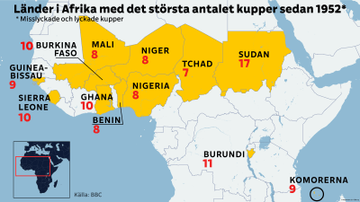 Kartta Afrikan maista, joissa eniten vallankaappauksia vuoden 1952 jälkeen.