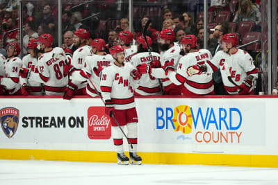 Sebastian Aho firar sitt mål framför båset.