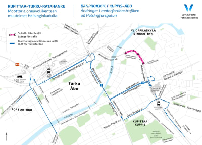 Karta över förändringar i trafiken i Åbo i samband med banprojektet i Åbo. På kartan syns de alternativa rutterna bilister uppmanas välja. 