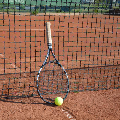 Tennisracket och -boll lutade mot ett nät.