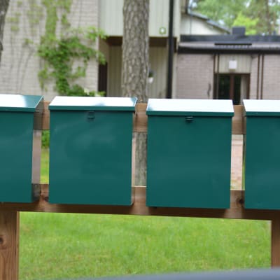 Fyra gröna likadana postlådor på rad.