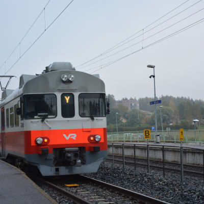 Y-tåg rullar in på en station, perrongen till vänster.