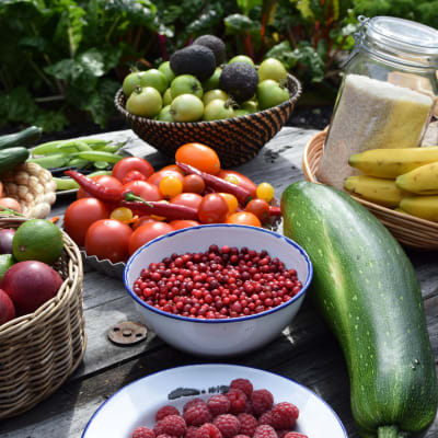 Grönsaker och frukter på ett trädgårdsbord.