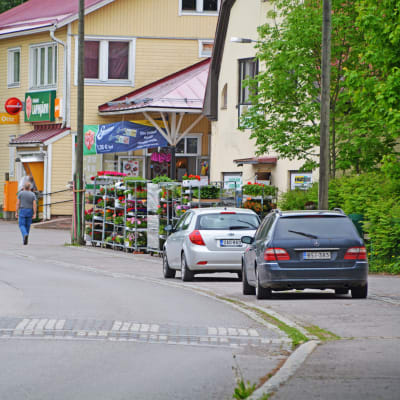 Bilar och hus längs väg