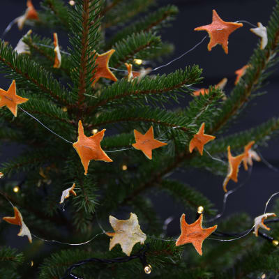 Girlanger av metalltråd och mandarinskal i julgranen