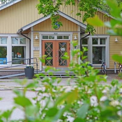Hus bakom gröna kvistar