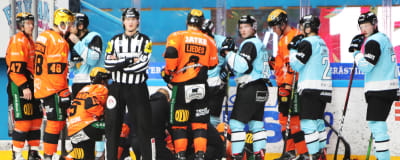Saku Vesterinen får vård på isen.