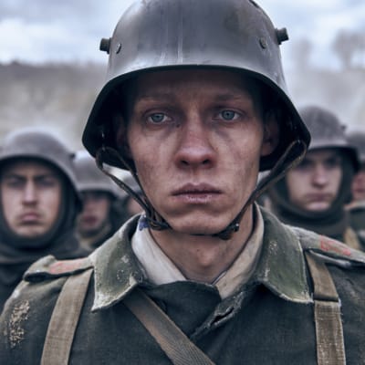 Felix Kammererin näyttelemä Paul Bäumer lähikuvassa, tyhjä katse.