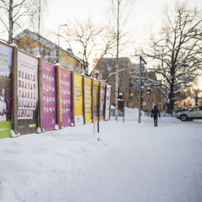 Aluevaalimainoksia Mikkelin keskustassa. Vaalimainoksia kadun varrella.