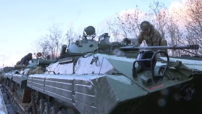Servicemen of Russia's Eastern Military District units attend a welcoming ceremony as they arrive at unfamiliar training ranges in Belarus combining their own means of transport with travelling by train, to take part in a joint military exercise held by the Union State of Russia and Belarus and aiming to simulate repelling an external attack on its border, cutting possible supply lines for invaders as well as detecting, containing and eliminating their combat and subversive units.