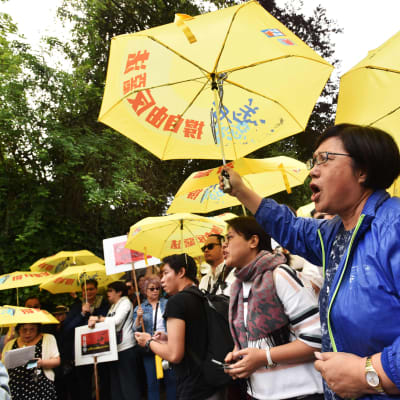 Demonstranter med gula paraplyer protesterar mot utlämningslagen i Hongkong