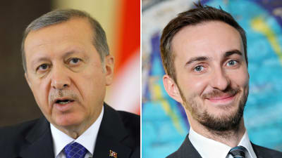 Turkiets premiärminister Recep Tayyip Erdoğan (t.v.) och den tyska komikern Jan Böhmermann (t.h.).