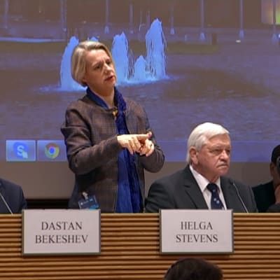 Euroopan parlamentin jäsen Helga Stevens (ECR) viittomassa seminaarissa.