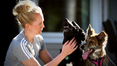 Lina krafsar sina två hundar av blandras. Den ena är svart och den andra brunbrokig i pälsen
