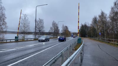 En vägbro med bilar som kör över den. Det är höst och regnigt.