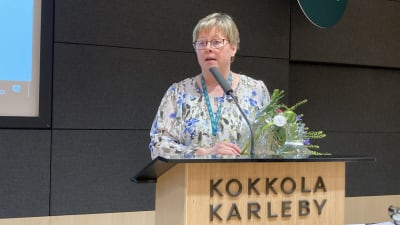Stina Mattila pitää puhetta kaupunginjohtajakisan voittamisen jälkeen.