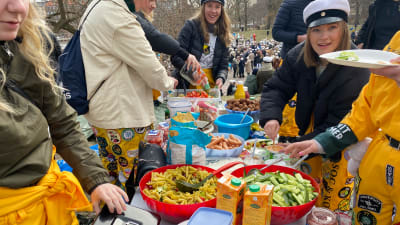 Studenter i gula overaller vid ett picnicbord med pastasallad, korv, chips och annat.