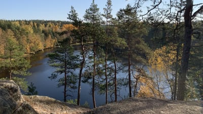 En sjö och skogsvy i höstfärger i Noux.