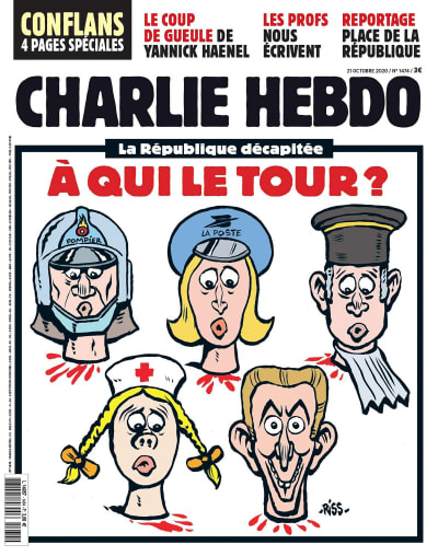 "Den halshuggna republiken. Vem står näst i tur?" Tidskriften Charlie Hebdo publicerade 20.10.2020 en karikatyr efter att en lärare halshuggits efter att i skolan ha visat karikatyrer av profeten Muhammed