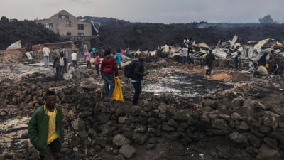 Invånare beskådar förödelsen efter lavaflödet i Goma