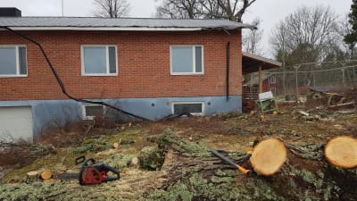 Viktor Erikssons hus blev skadat efter stormen Aapeli. Taket har blivit skadat och träd har fallit. 