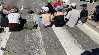 demonstranter på ett övergångsställe på Mannerheimvägen