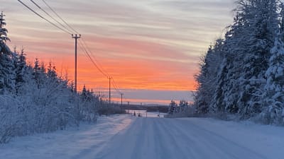 Soluppgång vid en snöig väg.