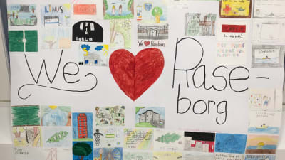Teckningar kring en text där det står "We hjärta Raseborg"