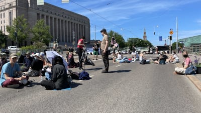 demonstranter på Mannerheimvägen framför riksdagshuset