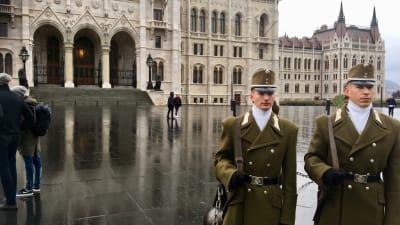 Två vakter utanför den ungerska parlamentsbyggnaden i Budapest.