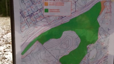 En karta vid en informationsskylt om parkskogsvård. Grönt stort område som ska avverkas. Litet gult område lämnas i naturtillstånd.