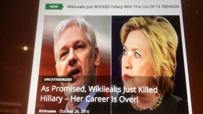 Ett exempel på en artikel publicerad på en makedonsk fejknyhetssida där texten påstår att Wikileaks har bevis på att Hillary Clinton har begått 13 högmålsbrott