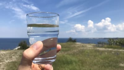 En hand håller upp ett glas med vatten, med havet i bakgrunden.