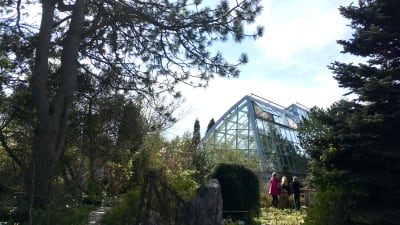 Botaniska trädgårdens växthus utifrån sett med tre små flickor i förgrunden.