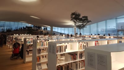 Bokhyllor i centrumbiblioteket Ode